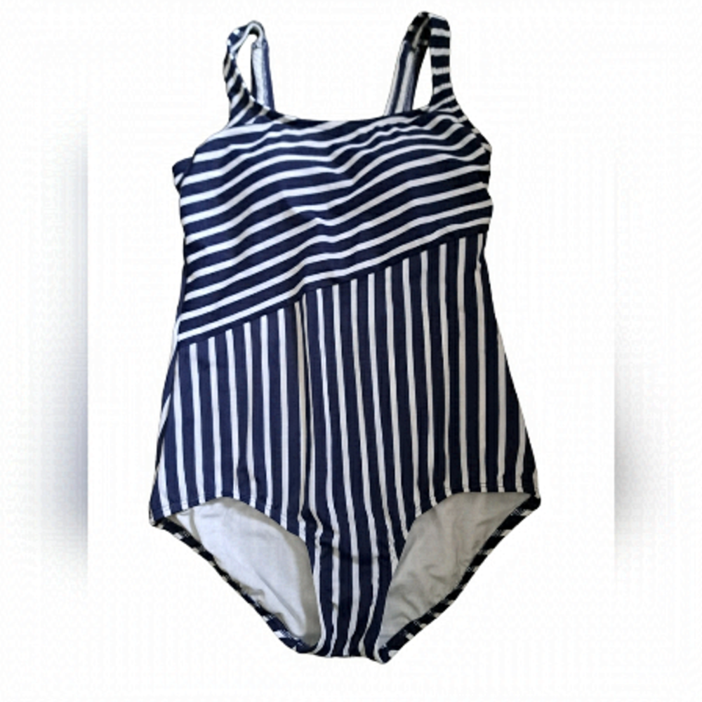 NEW LANDS' END nautical Navy blue white stripe bathing suit coastal one piece 8